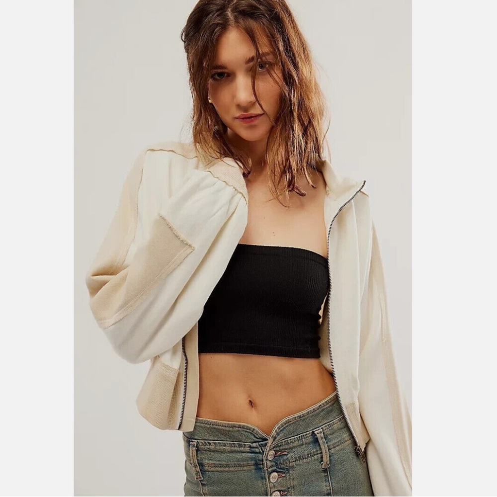 Free People Asher Track Zip Up Cropped Jacket Top Colorblock Cotton